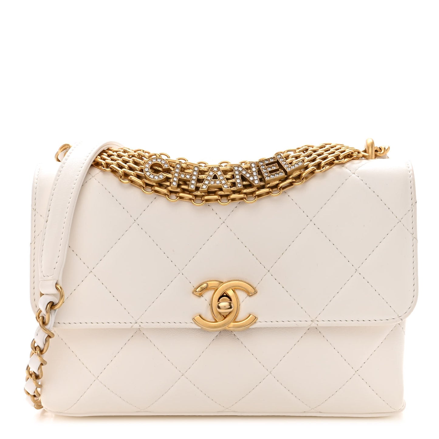 Lambskin Quilted Small CC Crystal Logo Chain Flap White
