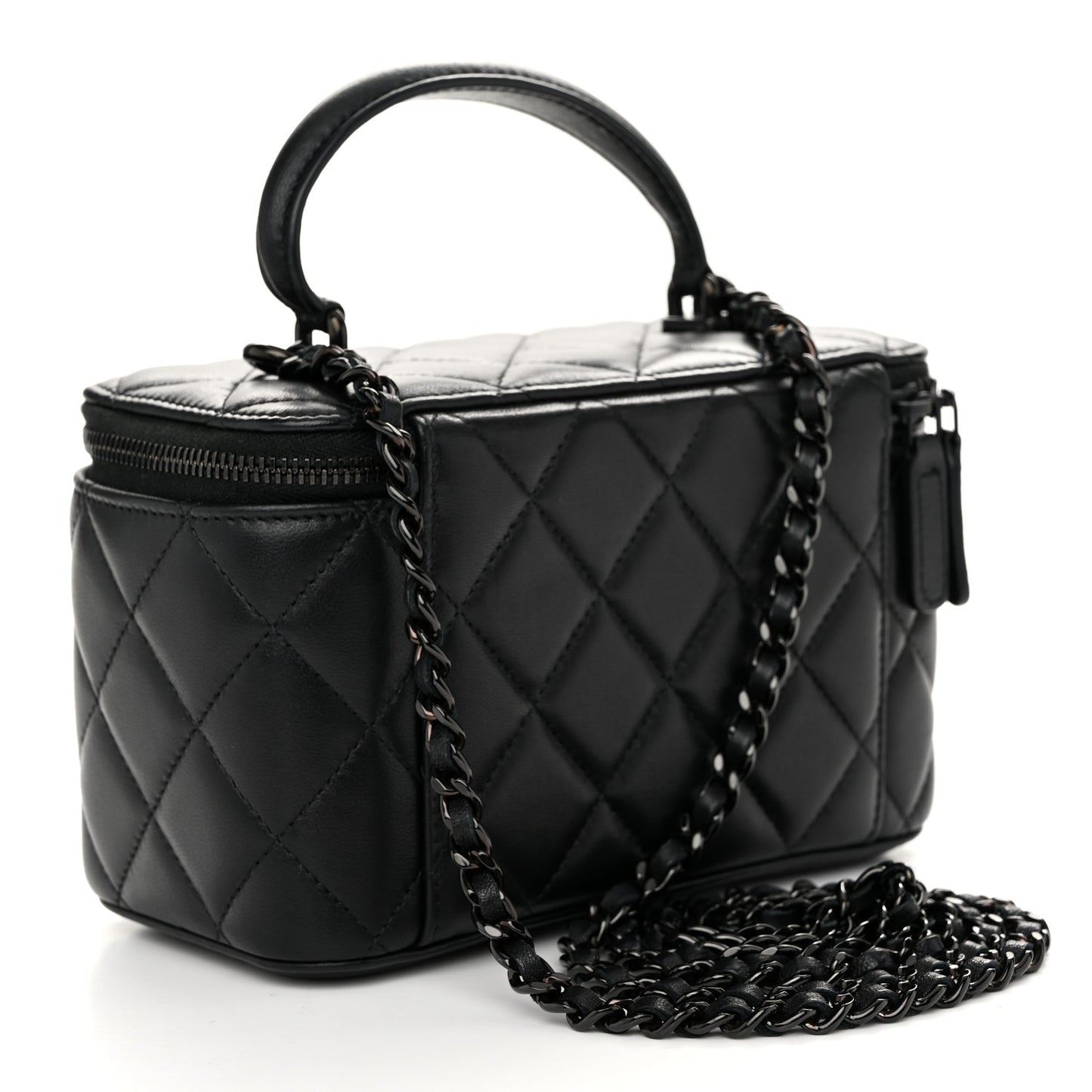 Lambskin Quilted Small Top Handle Vanity Case With Chain So Black