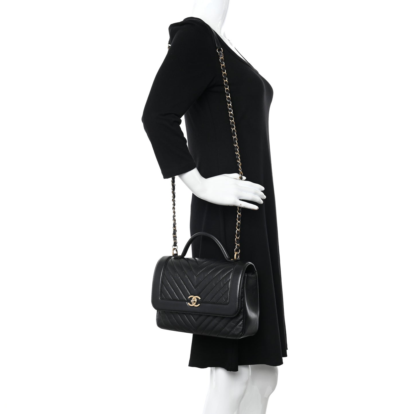 Calfskin Chevron Quilted Top Handle Flap Black