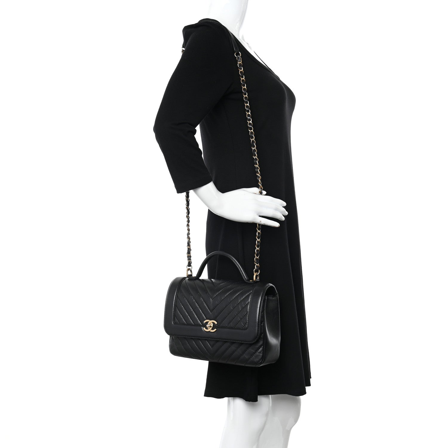 Chanel Calfskin Chevron Quilted Top Handle Flap Black 2 of 10