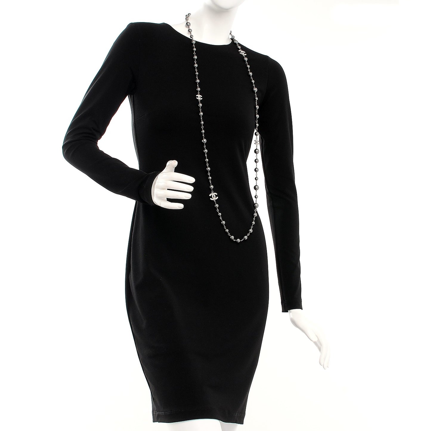 Pearl Crystal CC Long Necklace Silver Grey