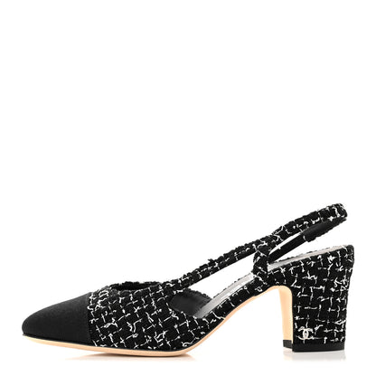 Chanel Tweed Grosgrain Cap Toe CC Slingback Pumps 36 Black White 1 of 11