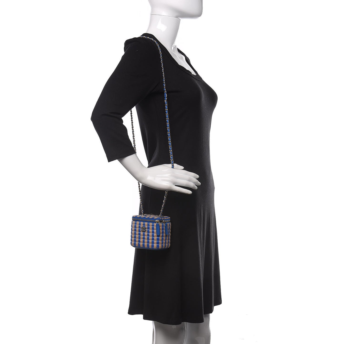 Raffia Jute Striped Mini Vanity Case With Chain Blue Beige