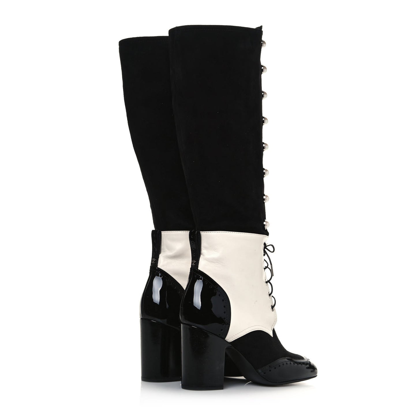Kid Suede Lambskin Patent Calfskin Pearl Lace Up High Boots 38.5 Black Ecru