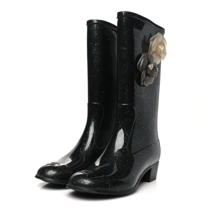 Chanel Rubber Glitter Camellia Rain Boots 38 Black 4 of 8