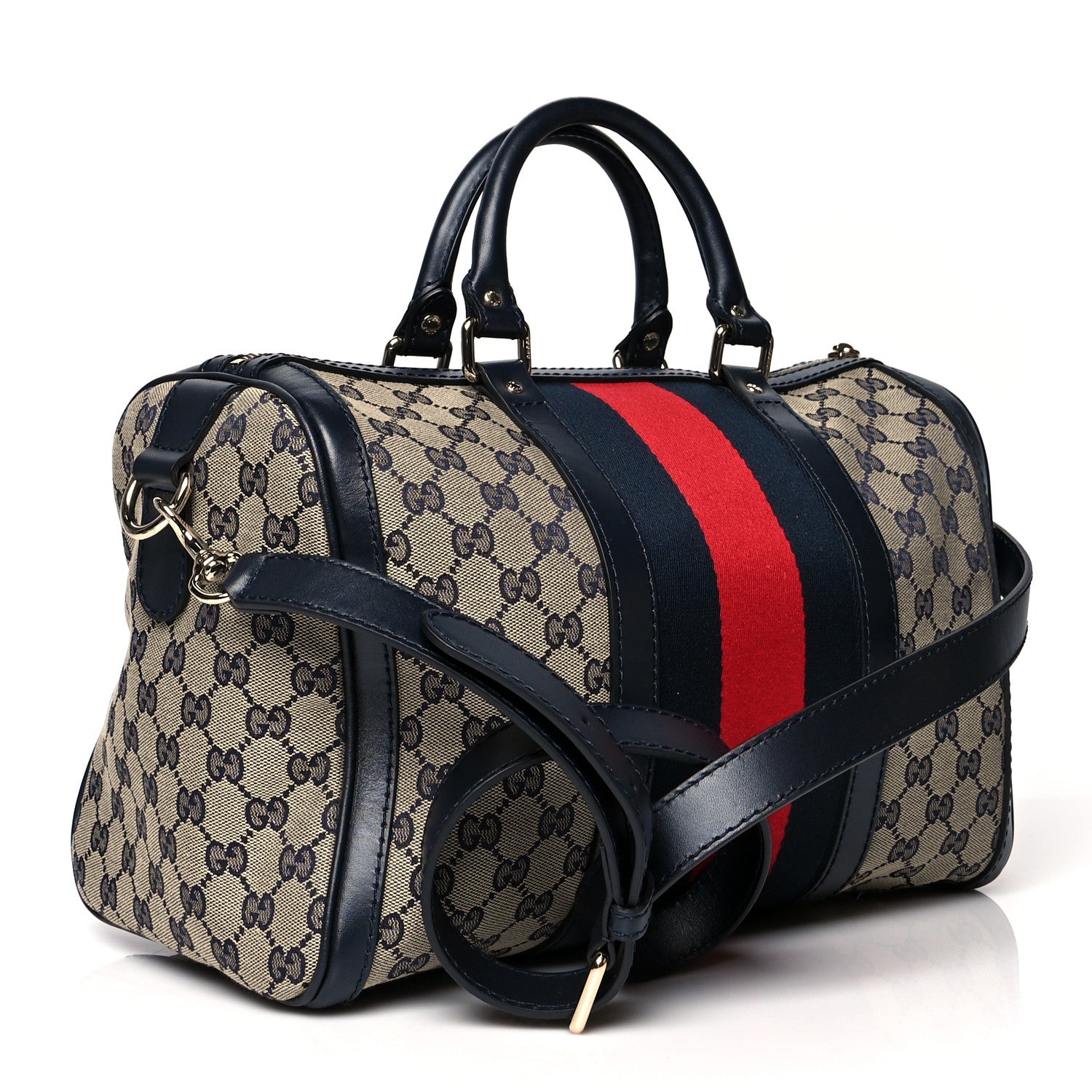 Gucci Monogram Selleria Calfskin Vintage Web Medium Boston Beige Blue 3 of 11