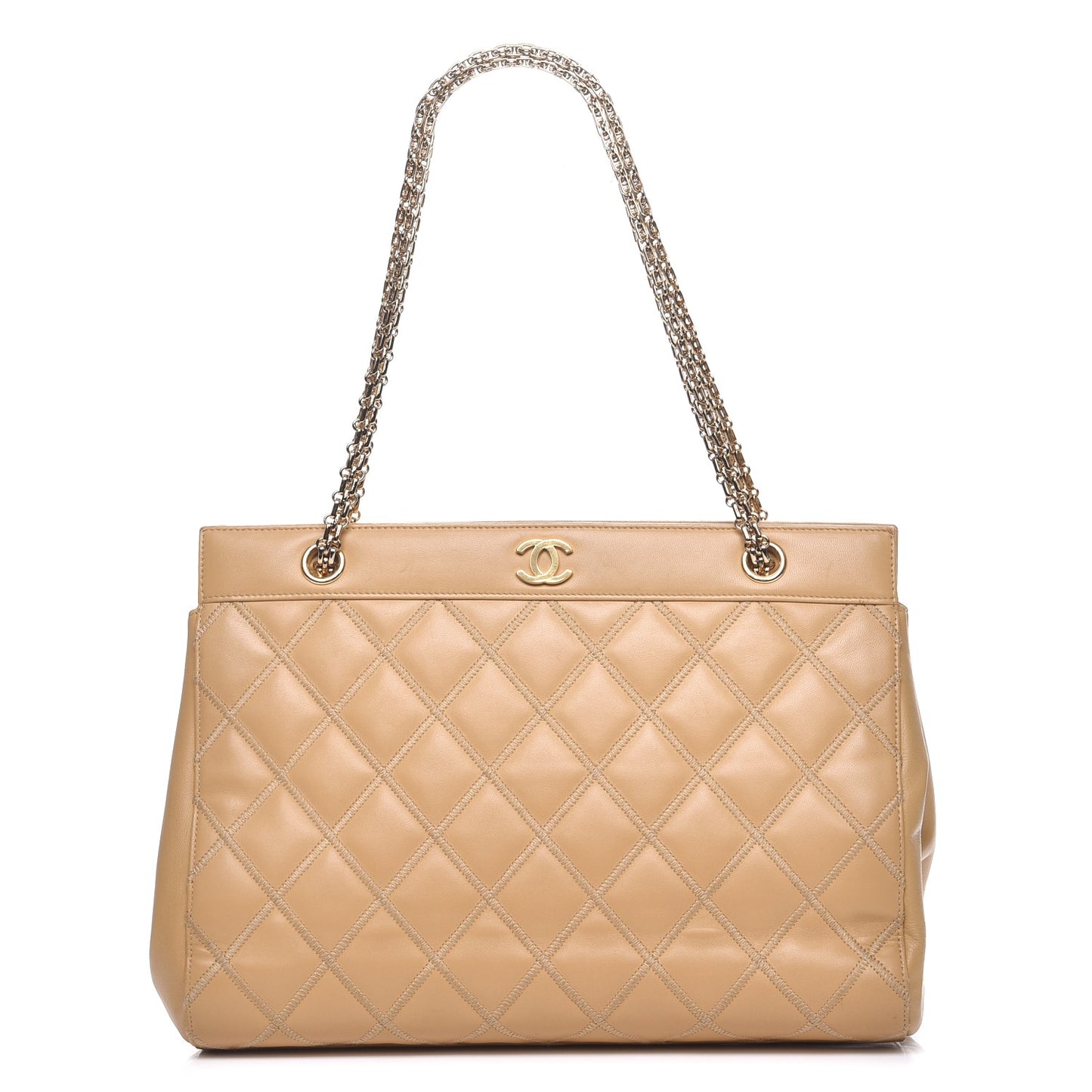 Lambskin Double Stitch Quilted Tote Beige