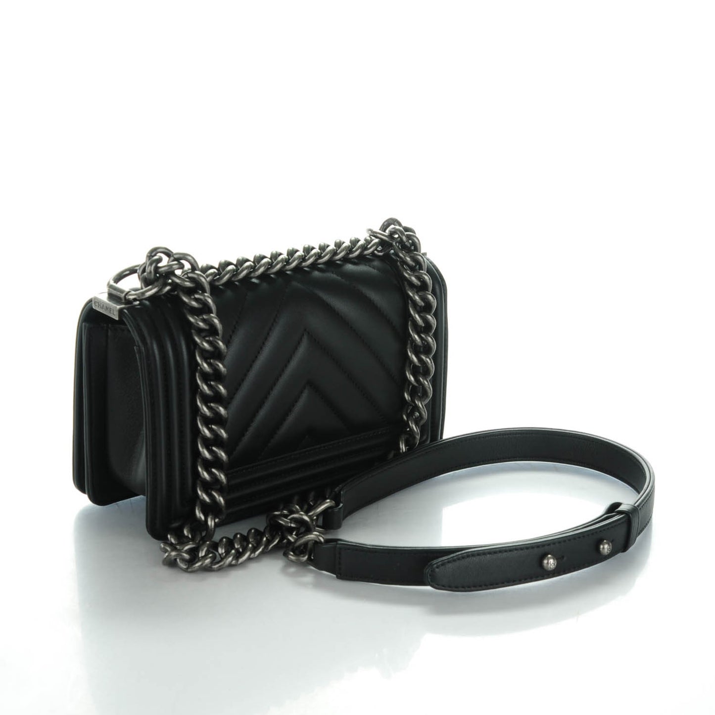 Calfskin Chevron Quilted Small Boy Flap Black