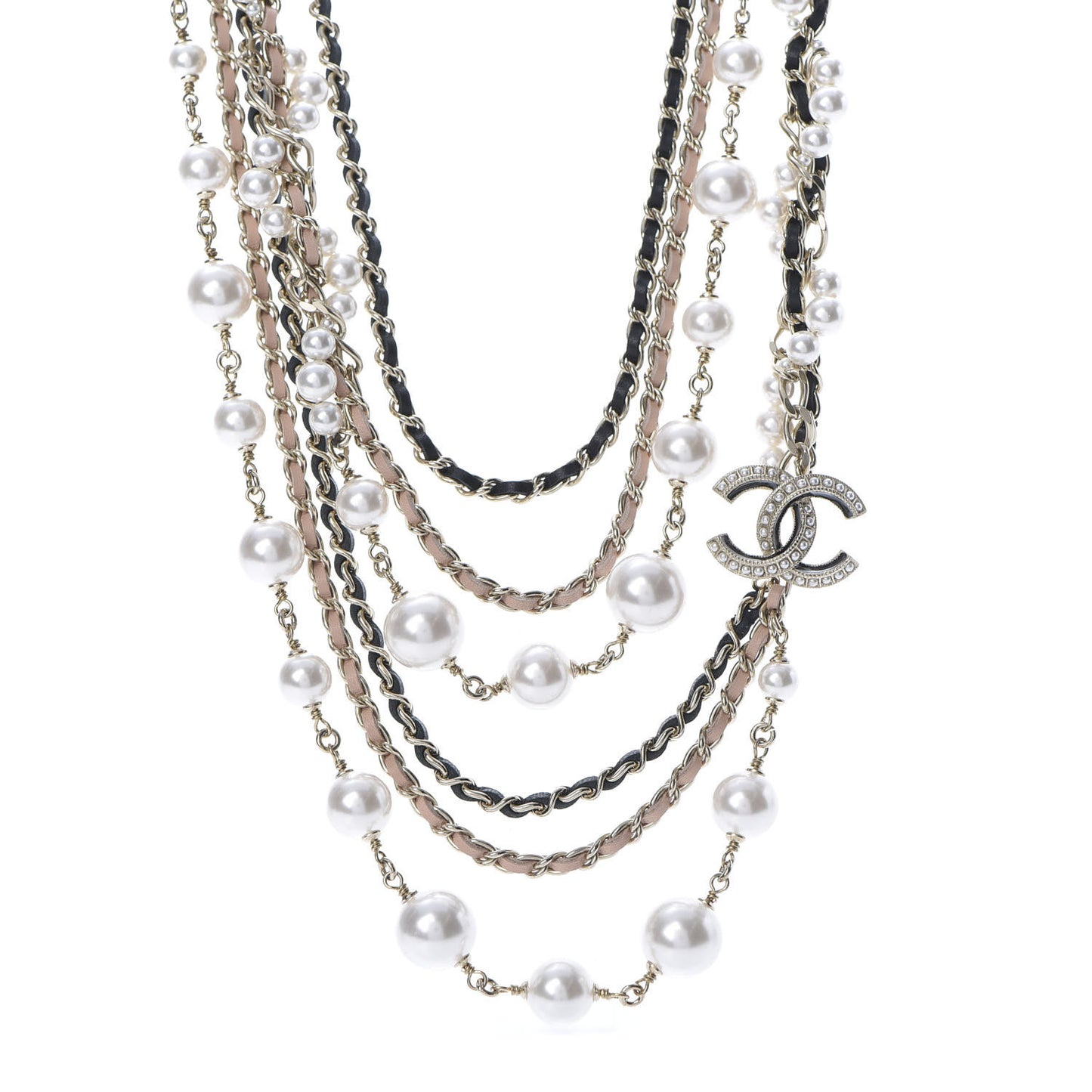 Pearl Lambskin Chain CC Multi Strand Necklace Gold Pink Black