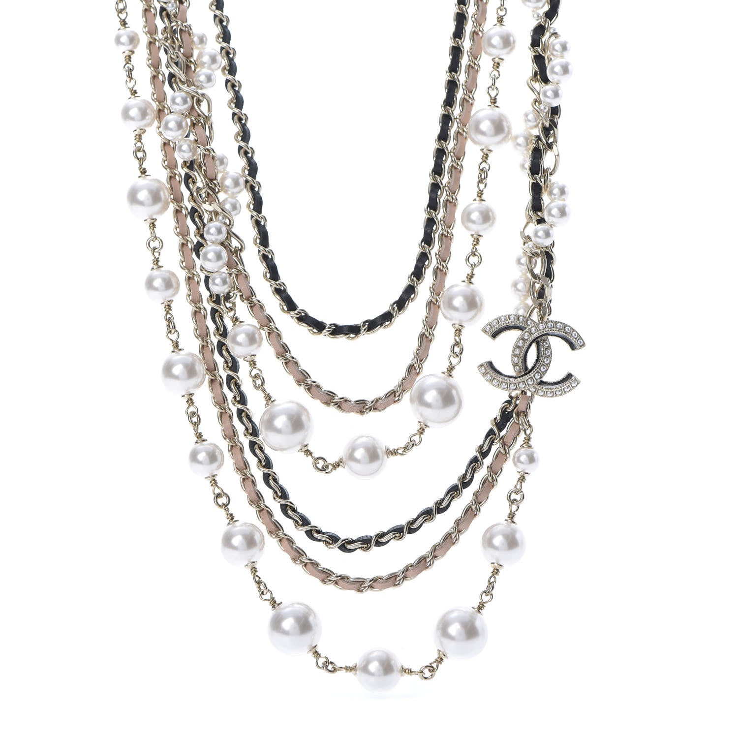 Chanel Pearl Lambskin Chain CC Multi Strand Necklace Gold Pink Black 1 of 5