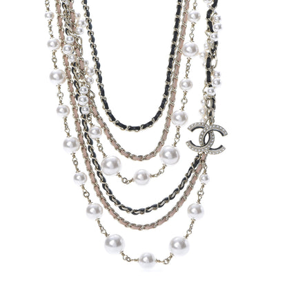Chanel Pearl Lambskin Chain CC Multi Strand Necklace Gold Pink Black 1 of 5