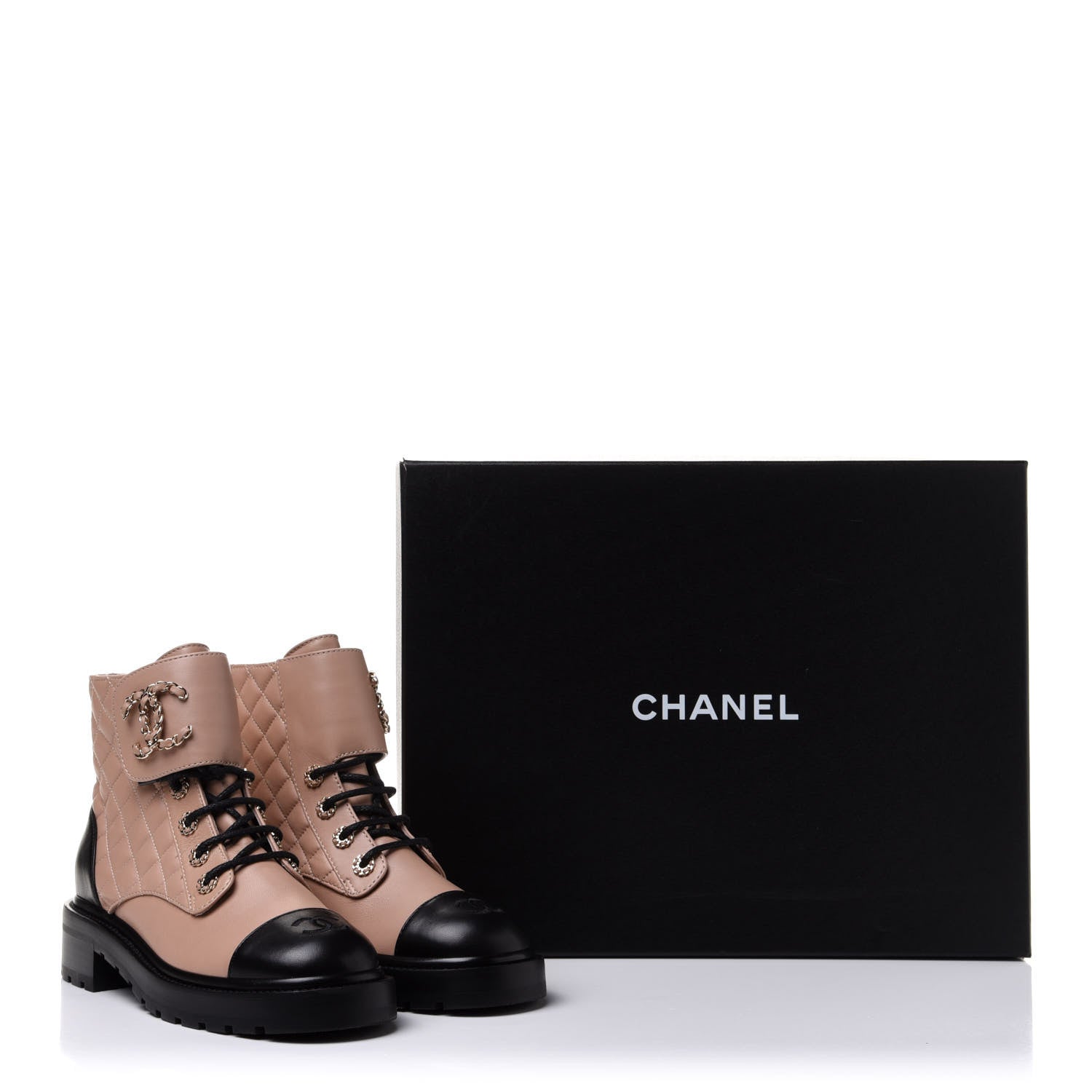 Chanel Shiny Lambskin Quilted Lace Up Combat Boots 38 Beige Black 12 of 12