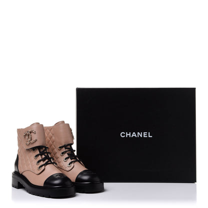 Chanel Shiny Lambskin Quilted Lace Up Combat Boots 38 Beige Black 12 of 12