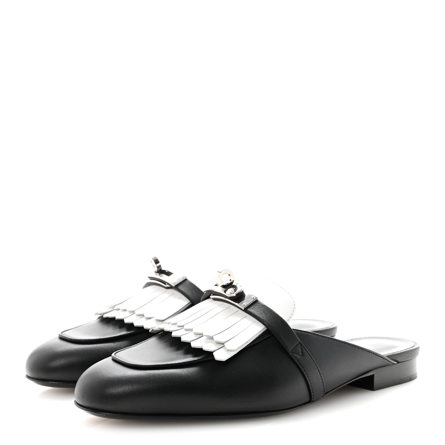 Hermes Calfskin Fringe Oz Mules 37 Black White 4 of 10