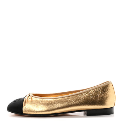 Chanel Metallic Laminated Lambskin Grosgrain CC Cap Toe Ballerina Flats 38 Dark Gold Black 1 of 9
