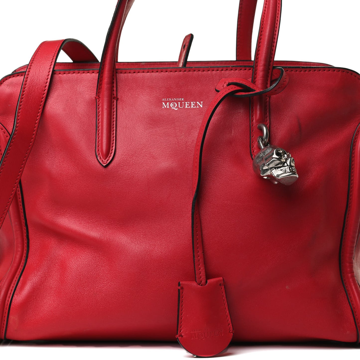 Pebbled Calfskin Small Skull Padlock Zip Around Tote Red