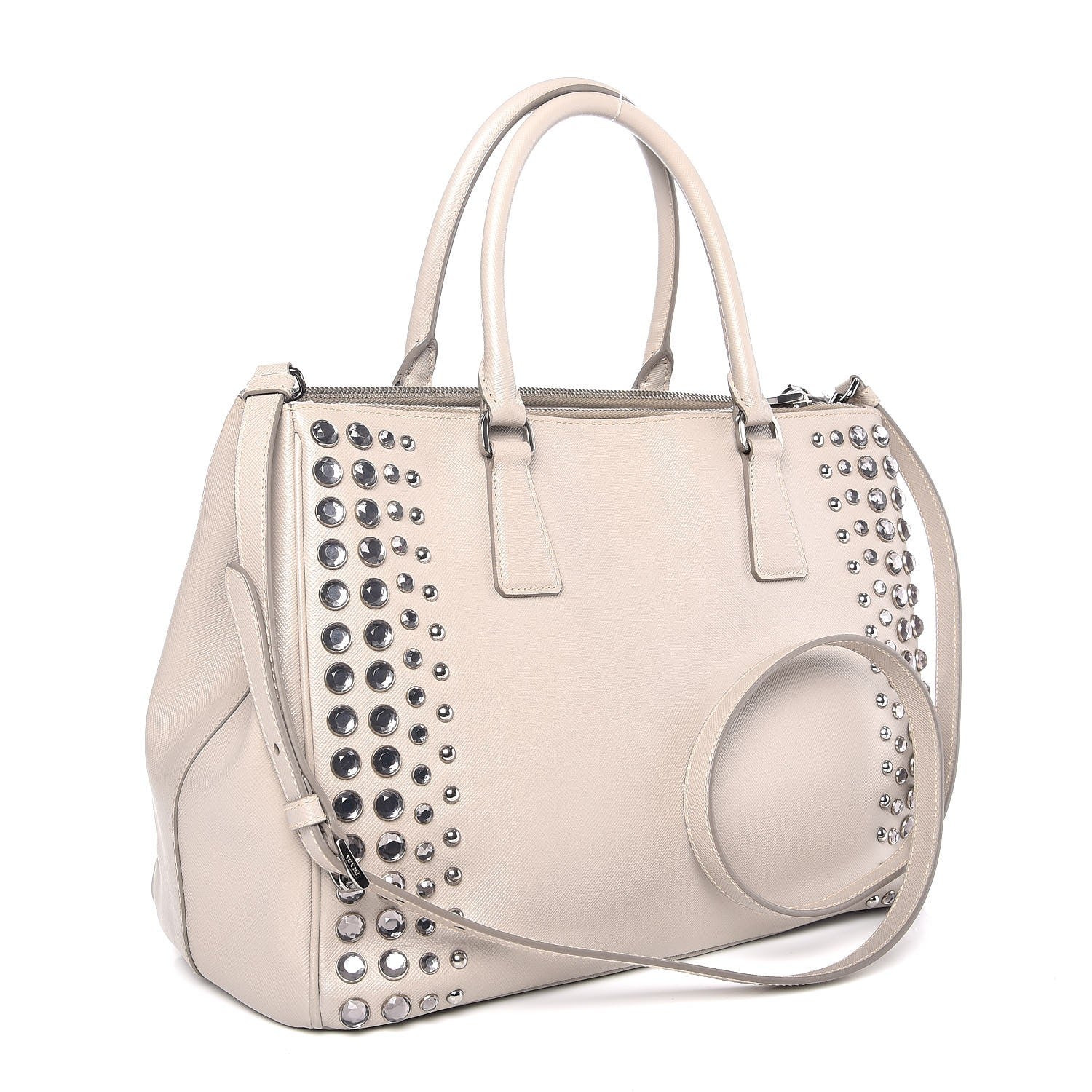 Prada Saffiano Lux Studded Crystal Medium Galleria Double Zip Tote Talco 3 of 12