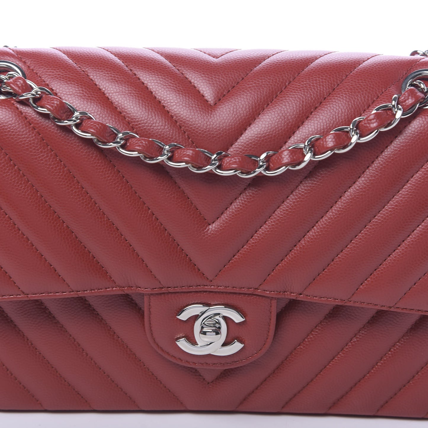 Caviar Chevron Quilted Medium Double Flap Dark Red