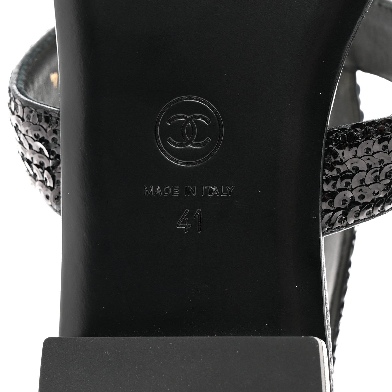 Chanel Lambskin Sequin Pearl CC Thong Sandals 41 Black 8 of 8