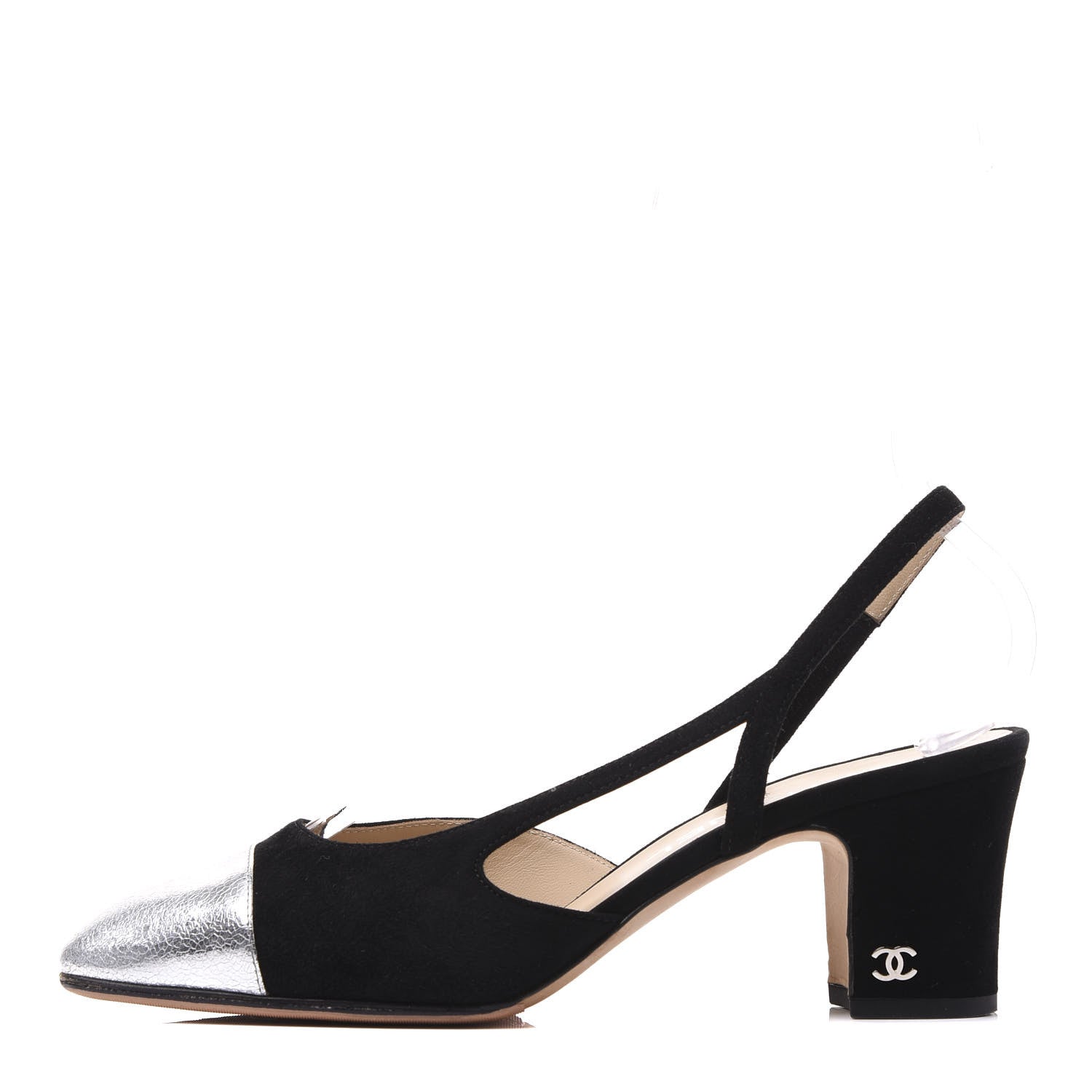 Chanel Kid Suede Metallic Lambskin Cap Toe CC Slingback Pumps 37 Black Silver Gold 1 of 9