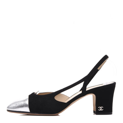 Chanel Kid Suede Metallic Lambskin Cap Toe CC Slingback Pumps 37 Black Silver Gold 1 of 9