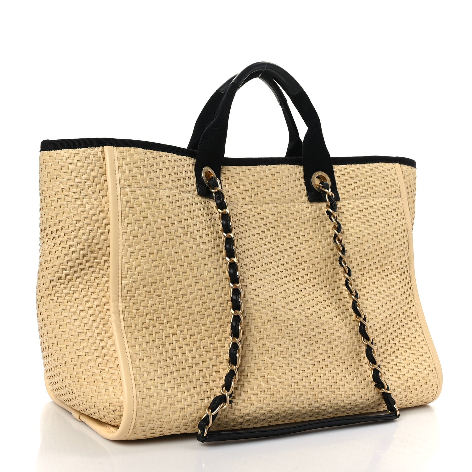 Chanel Straw Raffia Calfskin Chain Medium Deauville Tote Beige Black 3 of 9