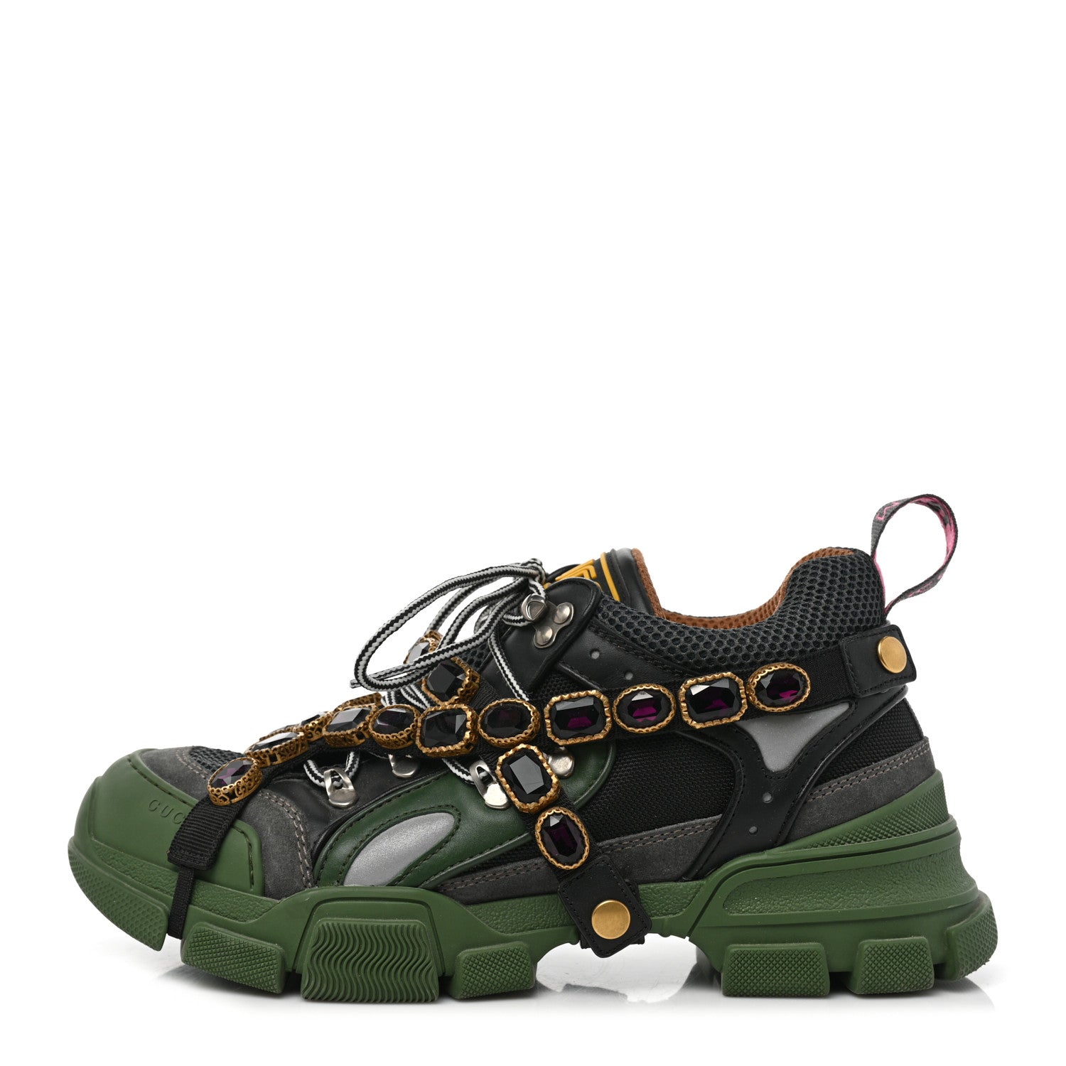 Gucci X SEGA Mesh Suede Calfskin Removable Crystals Mens Flashtrek Sneakers 8.5 Loess Black Olive Green 1 of 8