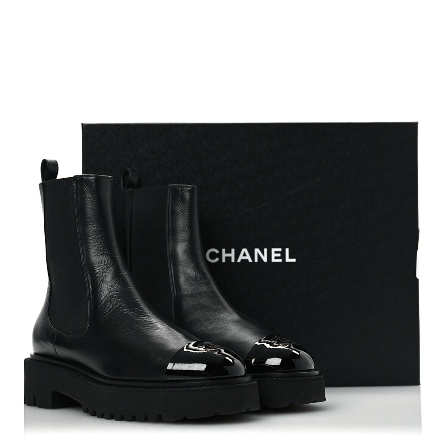 Crumpled Calfskin Patent Cap Toe Short Boots 39.5 Black