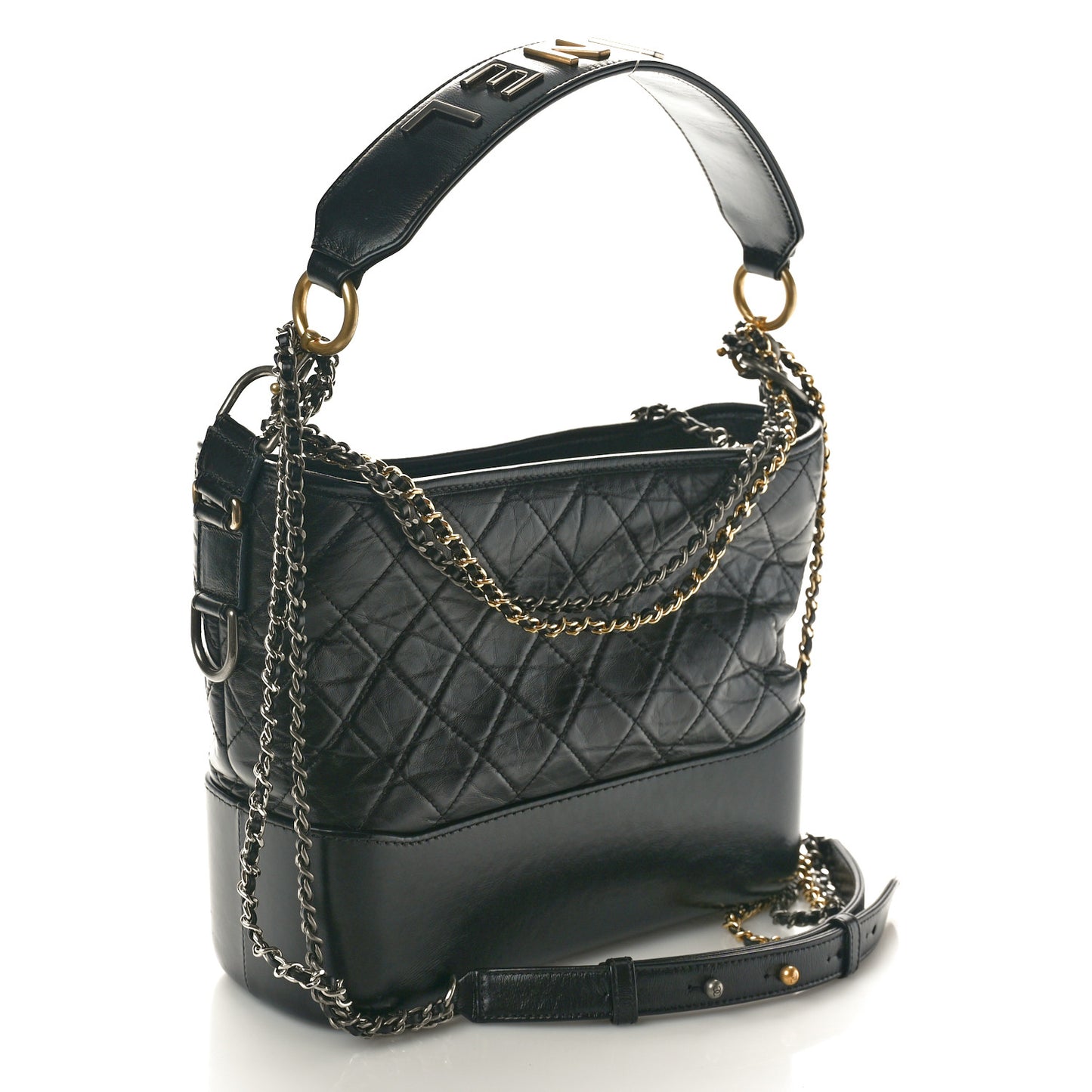 Aged Smooth Calfskin Quilted Medium Gabrielle Logo Hobo Black