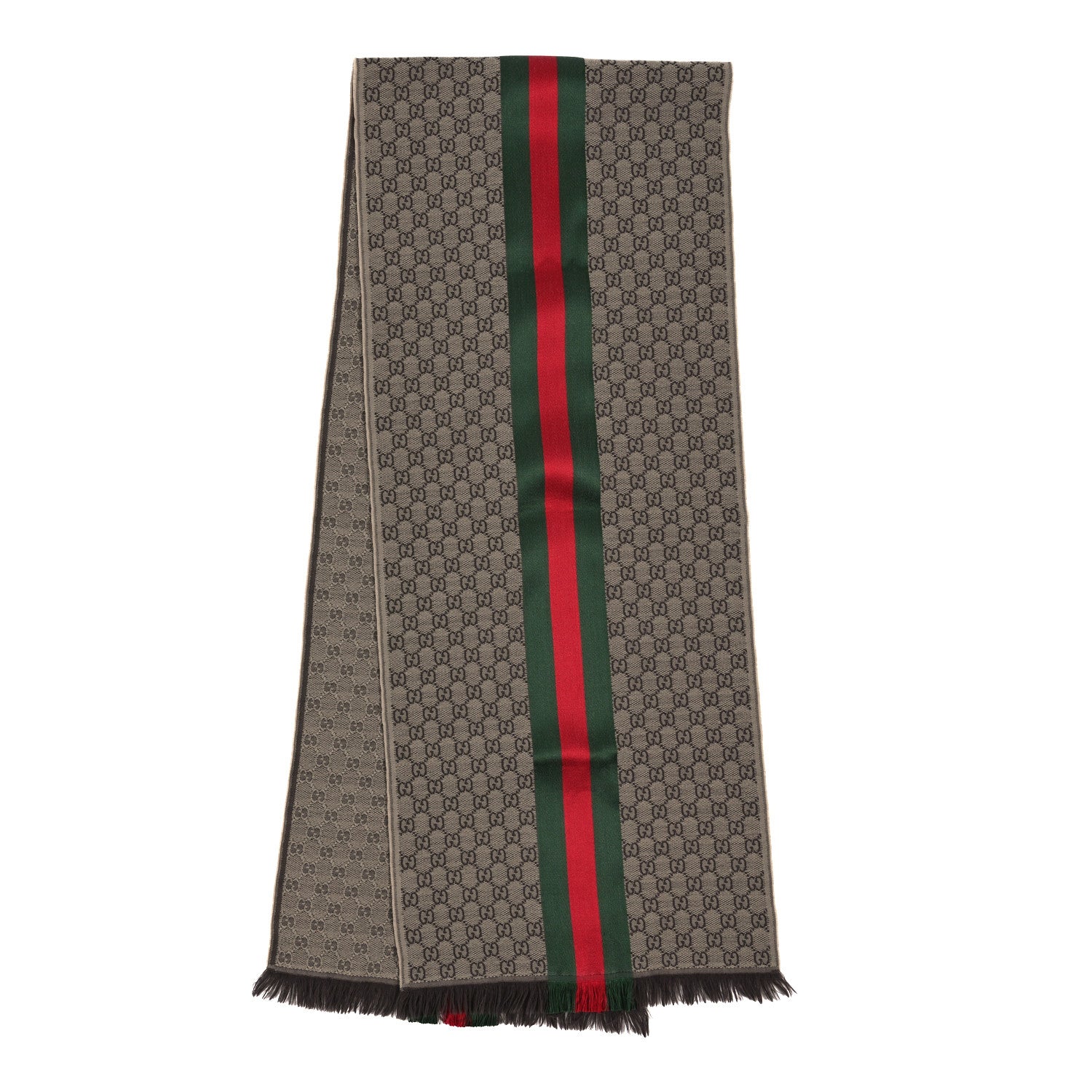 Gucci Wool Silk GG Monogram Web Verbier Fringe Scarf Light Brown Dark Green 2 of 3