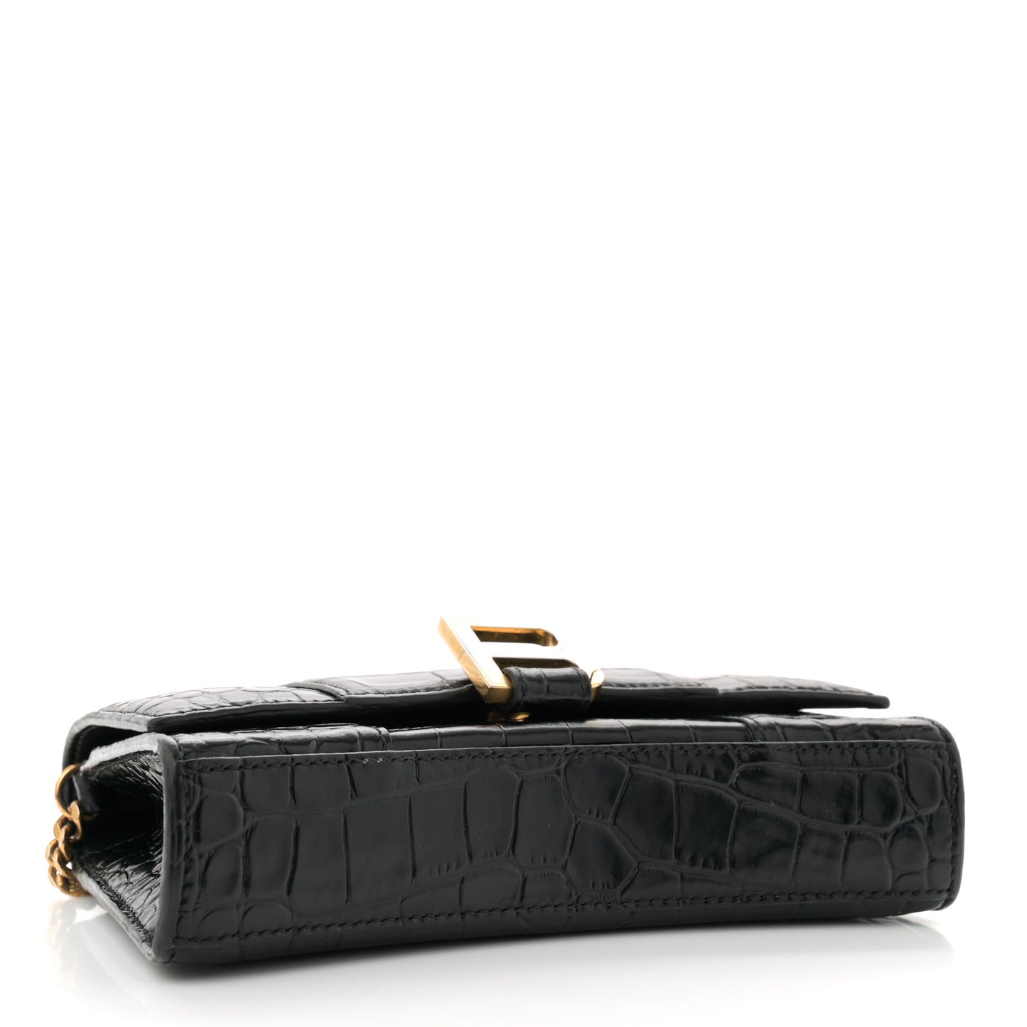 Shiny Calfskin Crocodile Embossed Hourglass Chain Bag Black