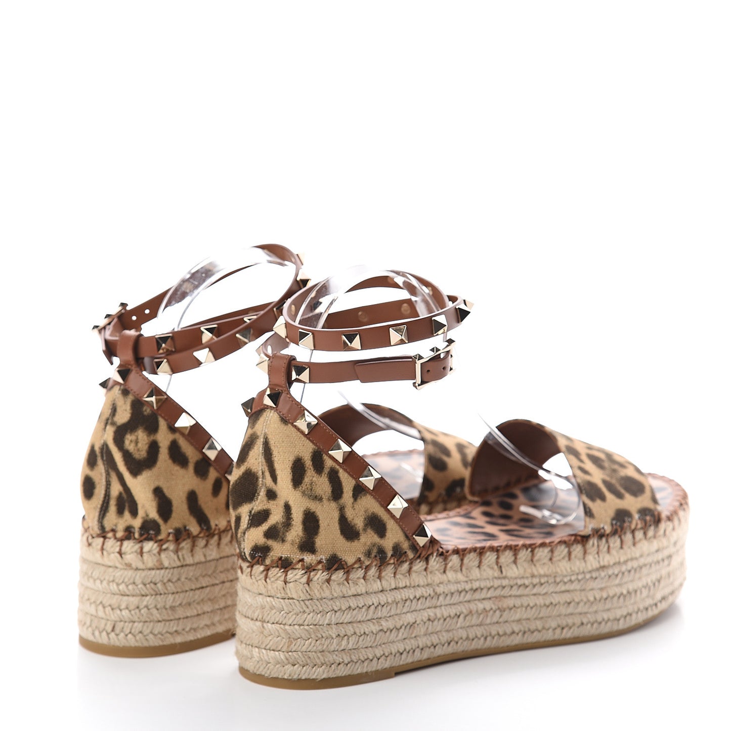Canvas Leopard Print Rockstud Ankle Wrap Espadrille Flatform Sandals 41 Brown
