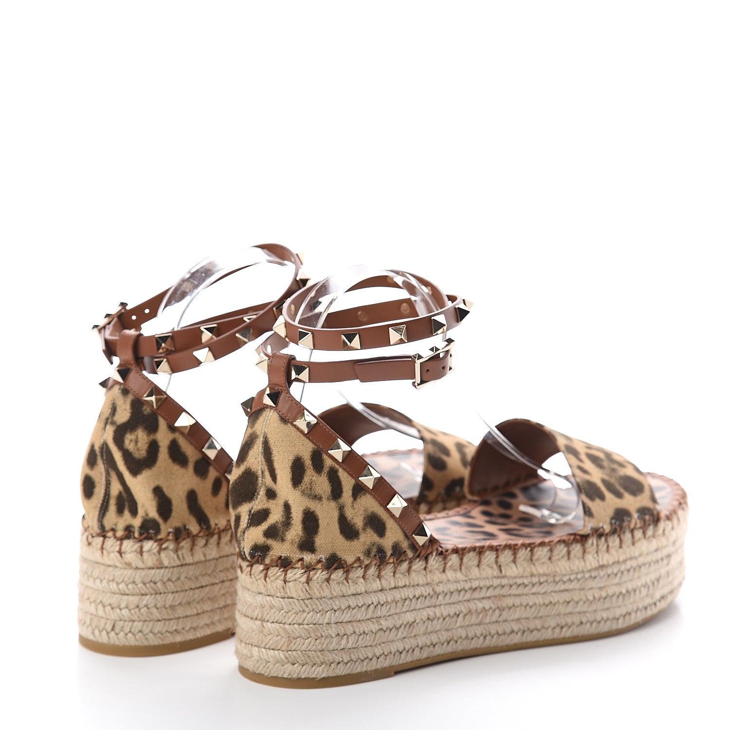 Valentino Garavani Canvas Leopard Print Rockstud Ankle Wrap Espadrille Flatform Sandals 41 Brown 4 of 7