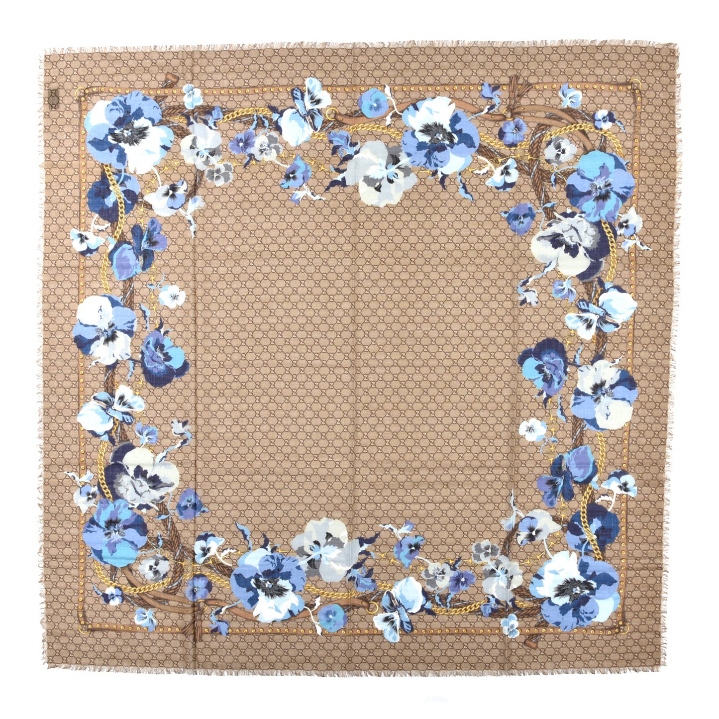 Wool Jacquard GG Monogram Big Panshie Fringe Shawl Sapphire Beige