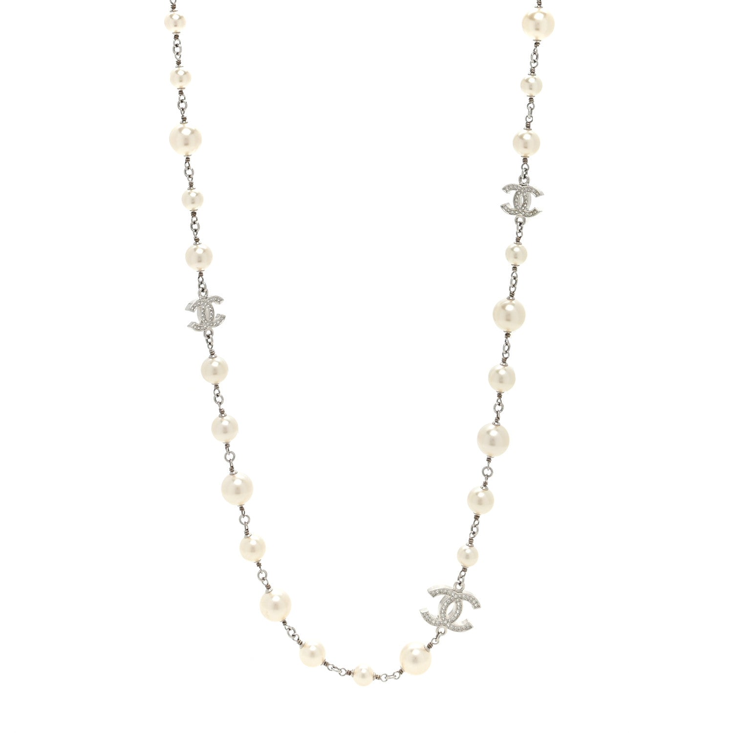 Chanel Graduated Pearl Crystal CC Long Necklace Silver 1 of 4