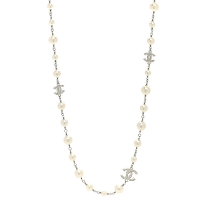 Chanel Graduated Pearl Crystal CC Long Necklace Silver 1 of 4