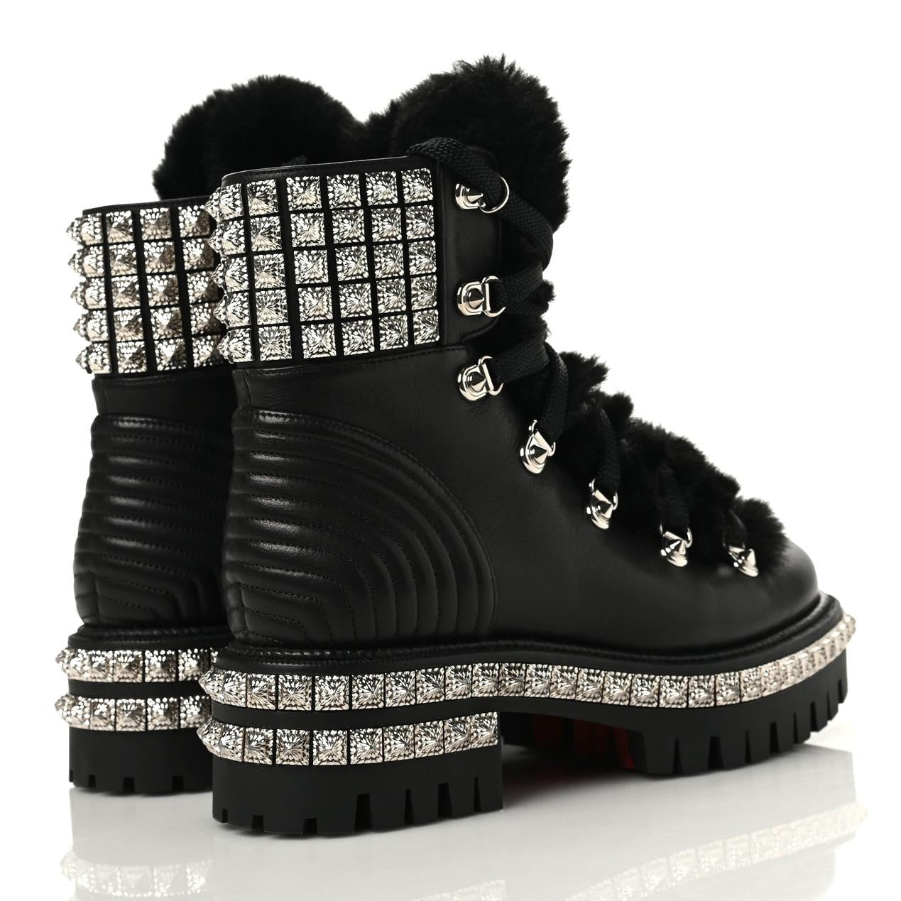 Christian Louboutin Calfskin Studded Shearling Yeti Donna Boots 36.5 Black 3 of 6