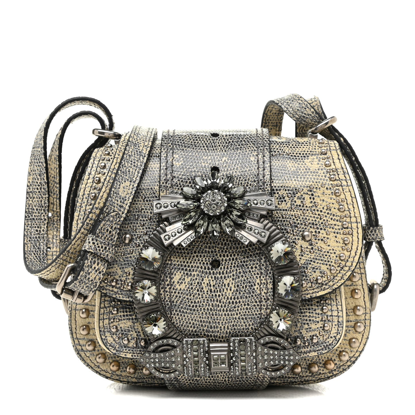 Lizard Embossed Calfskin Studded Jewel Buckle Dahlia Shoulder Bag Roccia