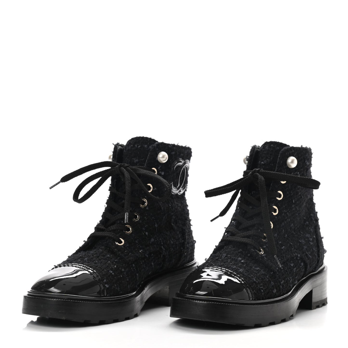 Tweed Patent Calfskin Pearl Combat Short Boots 36.5 Black Grey