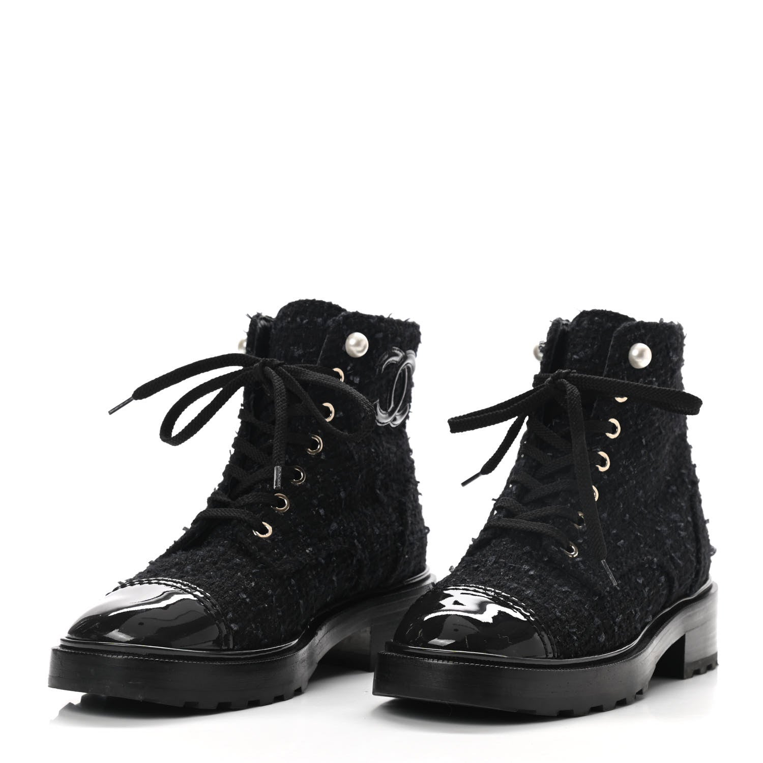 Chanel Tweed Patent Calfskin Pearl Combat Short Boots 36.5 Black Grey 3 of 8