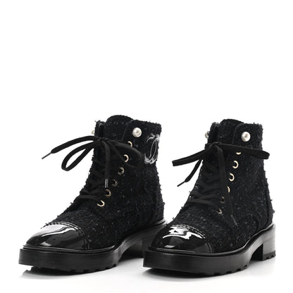 Chanel Tweed Patent Calfskin Pearl Combat Short Boots 36.5 Black Grey 3 of 8