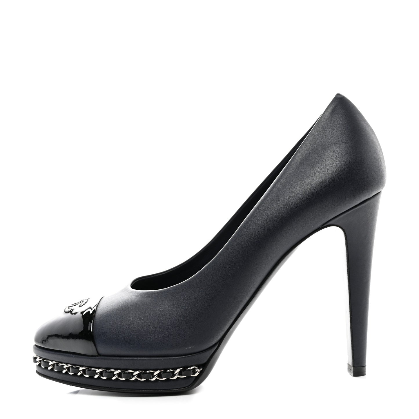 Calfskin Patent CC Cap Toe Platform Chain Pumps 37.5 Navy Black