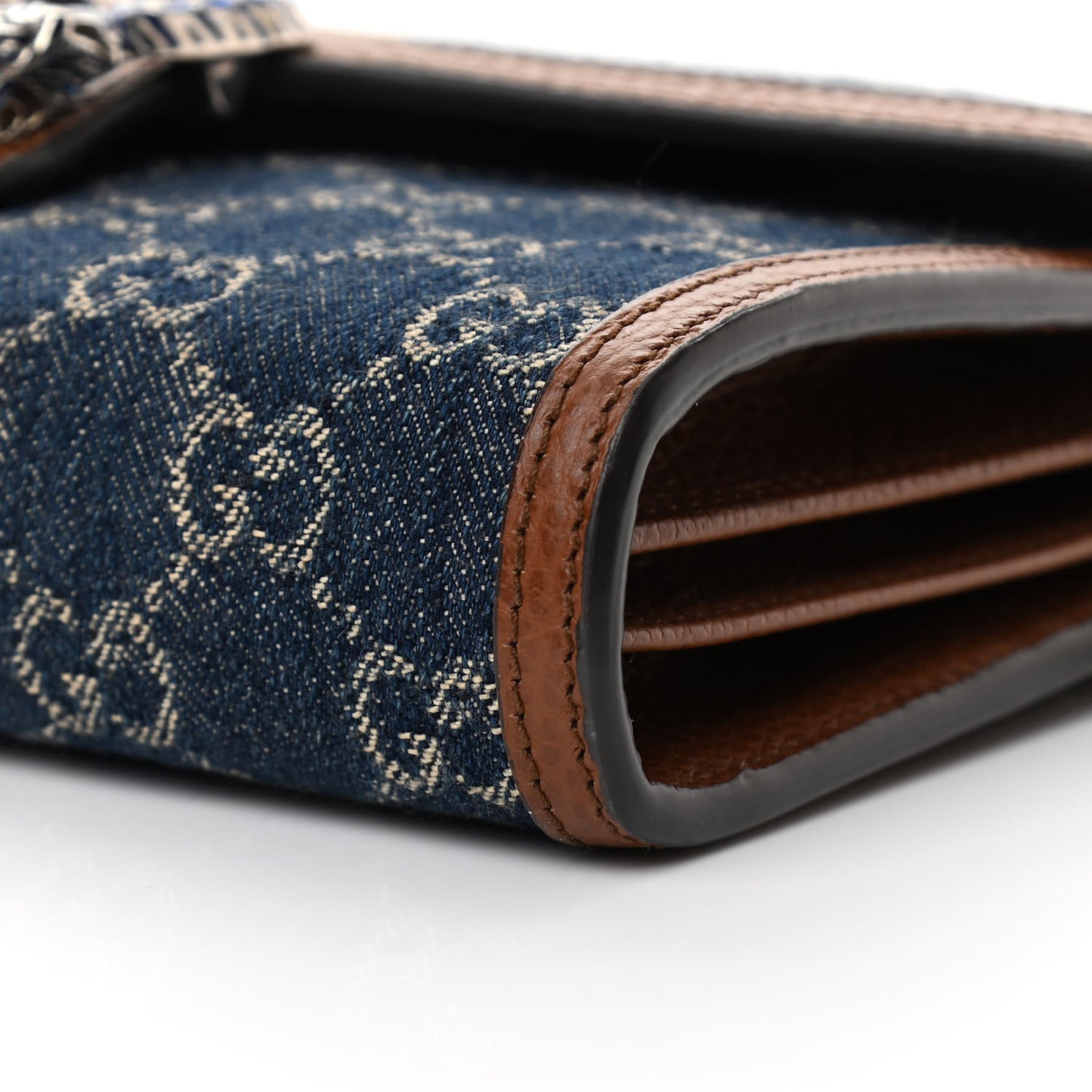 New Denim GG Monogram Dollar Calfskin Enamel Mini Dionysus Chain Wallet Blue Tea Cuir Epilog Electric Blue