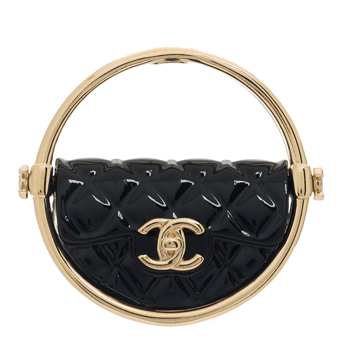 Metal Resin Quilted Flap Bag Hoop Brooch Black Gold