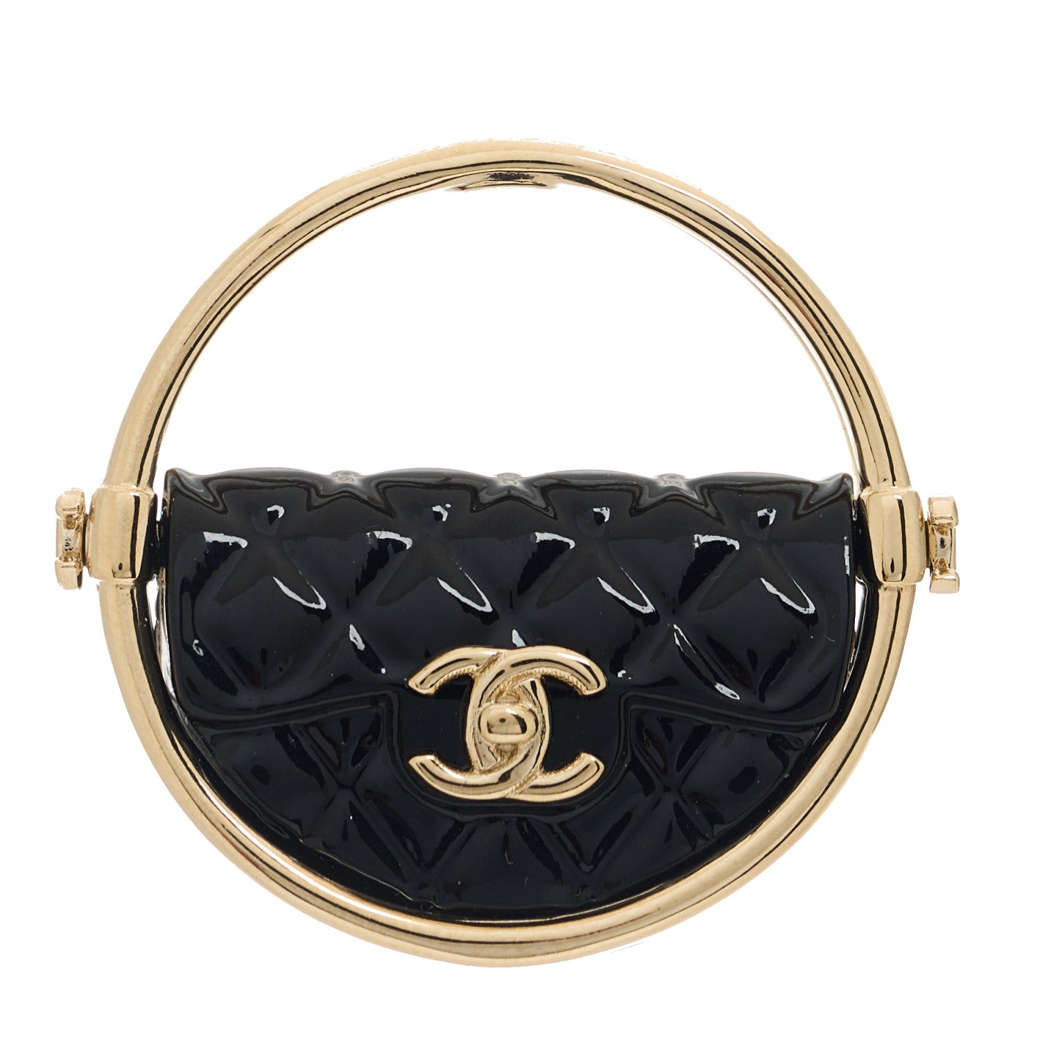 Chanel Metal Resin Quilted Flap Bag Hoop Brooch Black Gold 1 of 5