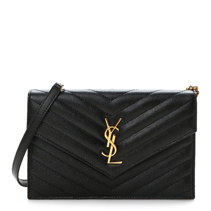 Saint Laurent Grain De Poudre Matelasse Chevron Monogram Envelope Chain Wallet Black 1 of 10