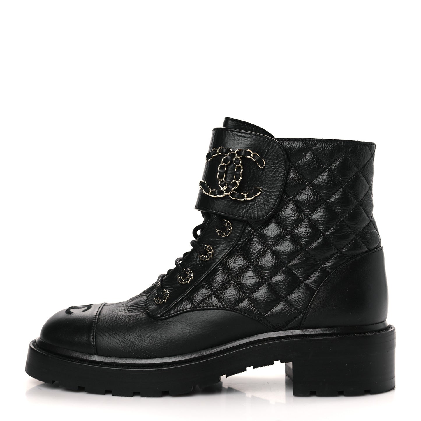 Shiny Lambskin Quilted Lace Up Combat Boots 40 Black