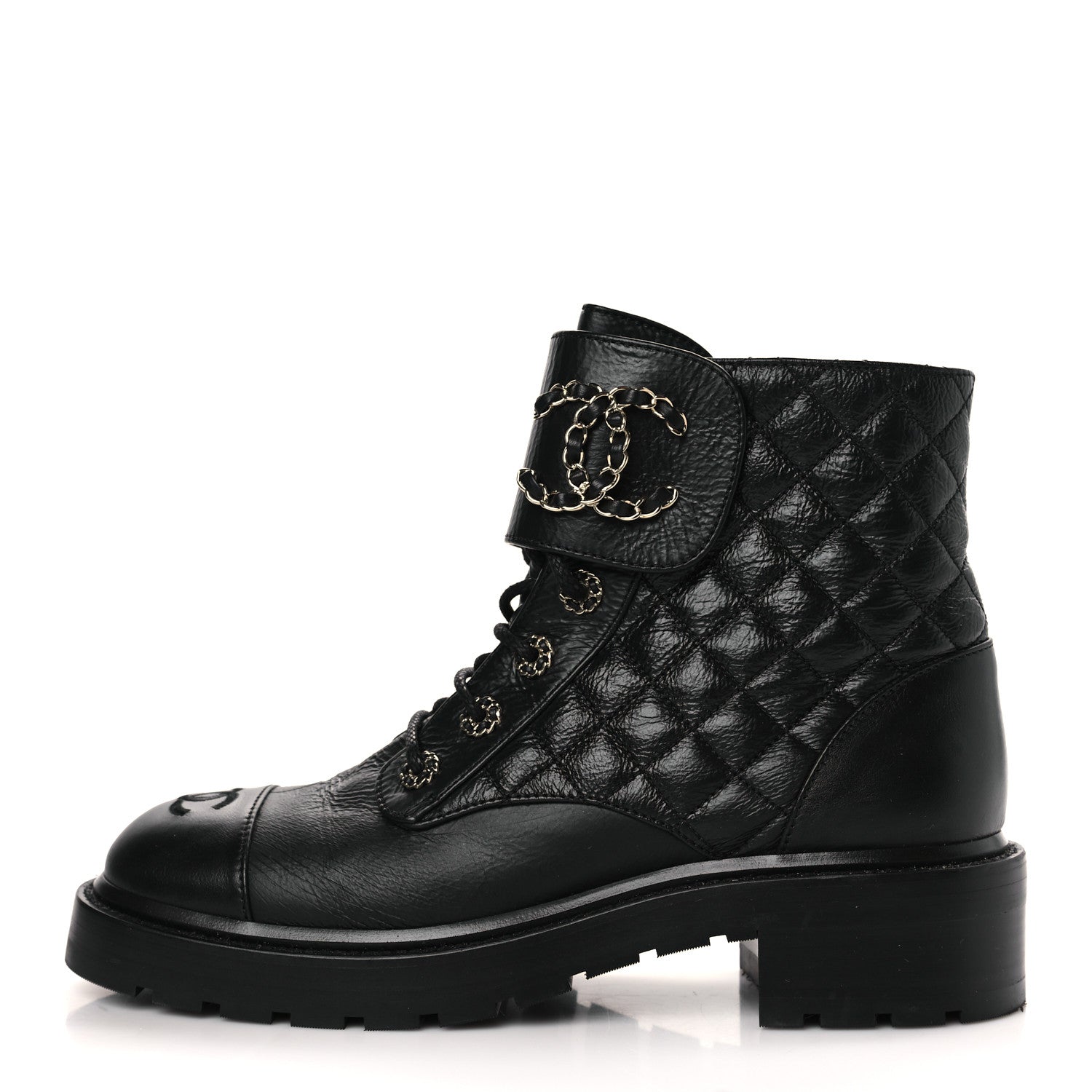 Chanel Shiny Lambskin Quilted Lace Up Combat Boots 40 Black 1 of 7