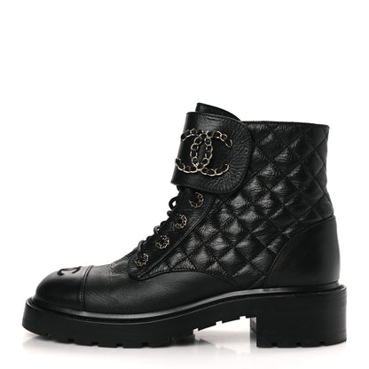 Chanel Shiny Lambskin Quilted Lace Up Combat Boots 40 Black 1 of 7