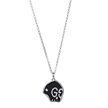 Gucci Sterling Silver Enamel GucciGhost Hamlet Skull Pendant Necklace Black 1 of 8
